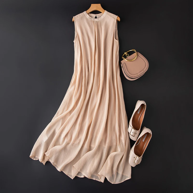Women's 100% Pure Silk Crinkle Silk with Cotton Lining Sleeveless PINK Long Dress Crew Neck L XL JN474