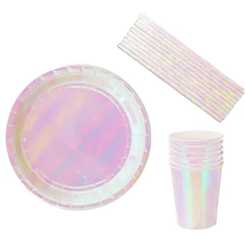 

Iridescent Party Supplies Metallic Dessert Plates Paper Cups Cupcake Wrapper Curtains Tassels for Mermaid/Unicorn Birthday Party