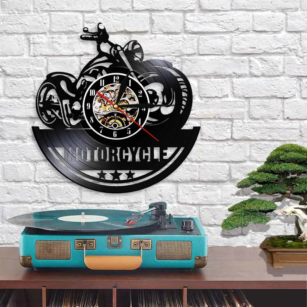Американский классический мотоцикл настенные художественные настенные часы вывеска для гаража Мотоцикл Винтажные виниловые пластинки настенные часы Человек Пещера Декор байкеры подарок