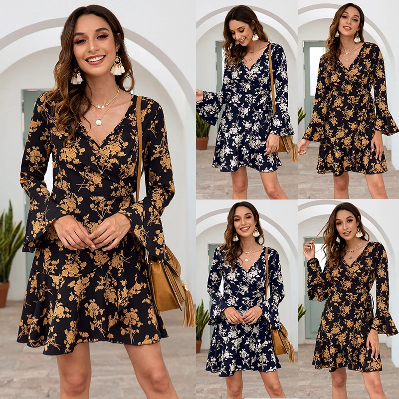 

New Style for Autumn and Winter Europe and the United States Women's Clothing Dress Explosion Selling Printed Long-Sleeved Dress