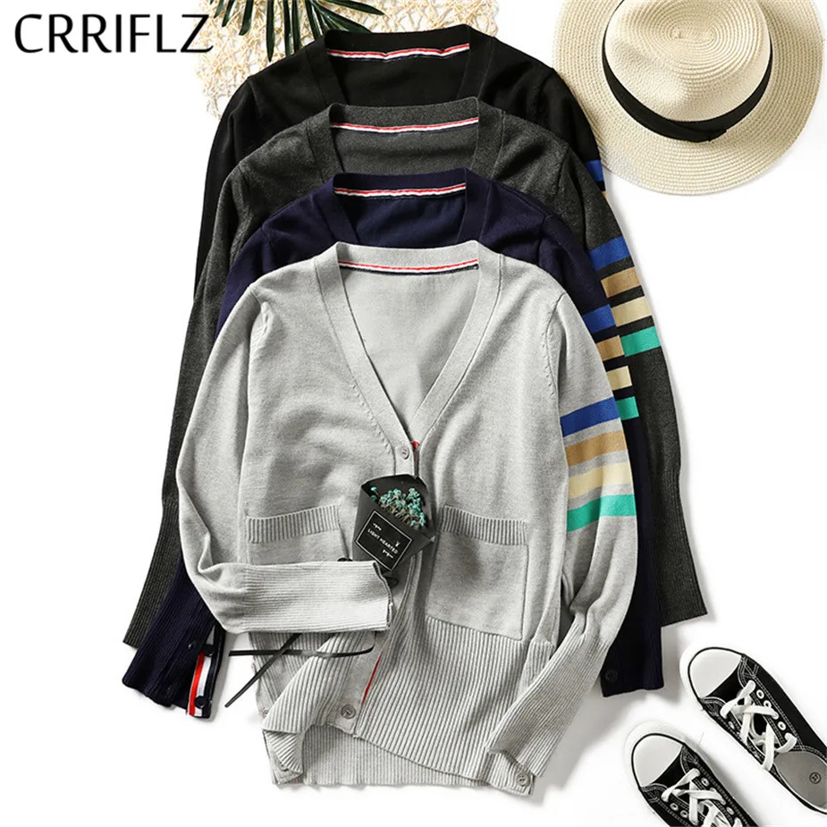 

Autumn Winter New Simple Cardigan Sweater Computer Knitted V-neck Casual Striped Viscose Single Breasted Full Regular CRRIFLZ
