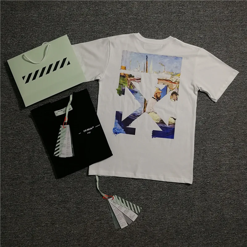 

Ow 19ss Hand-Painted White Popular Brand off Forrest Gump Avatar High-definition Oil Painting Cotton T-shirt Crew Neck Short Sle