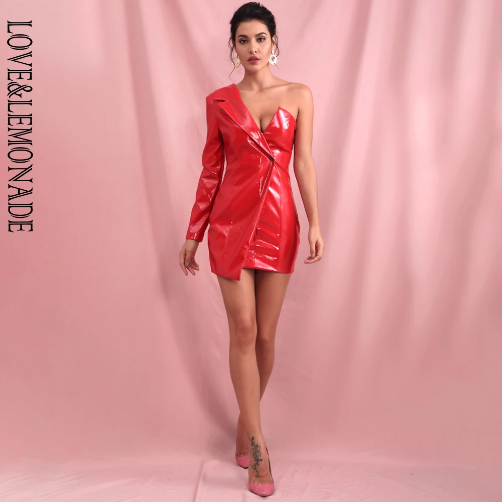 LOVE& LEMONADE сексуальные красные Нерегулярные Воротник крест с длинным рукавом Светоотражающие ПУ Bodycon Вечерние мини-платья(с молнией) LM81781-2