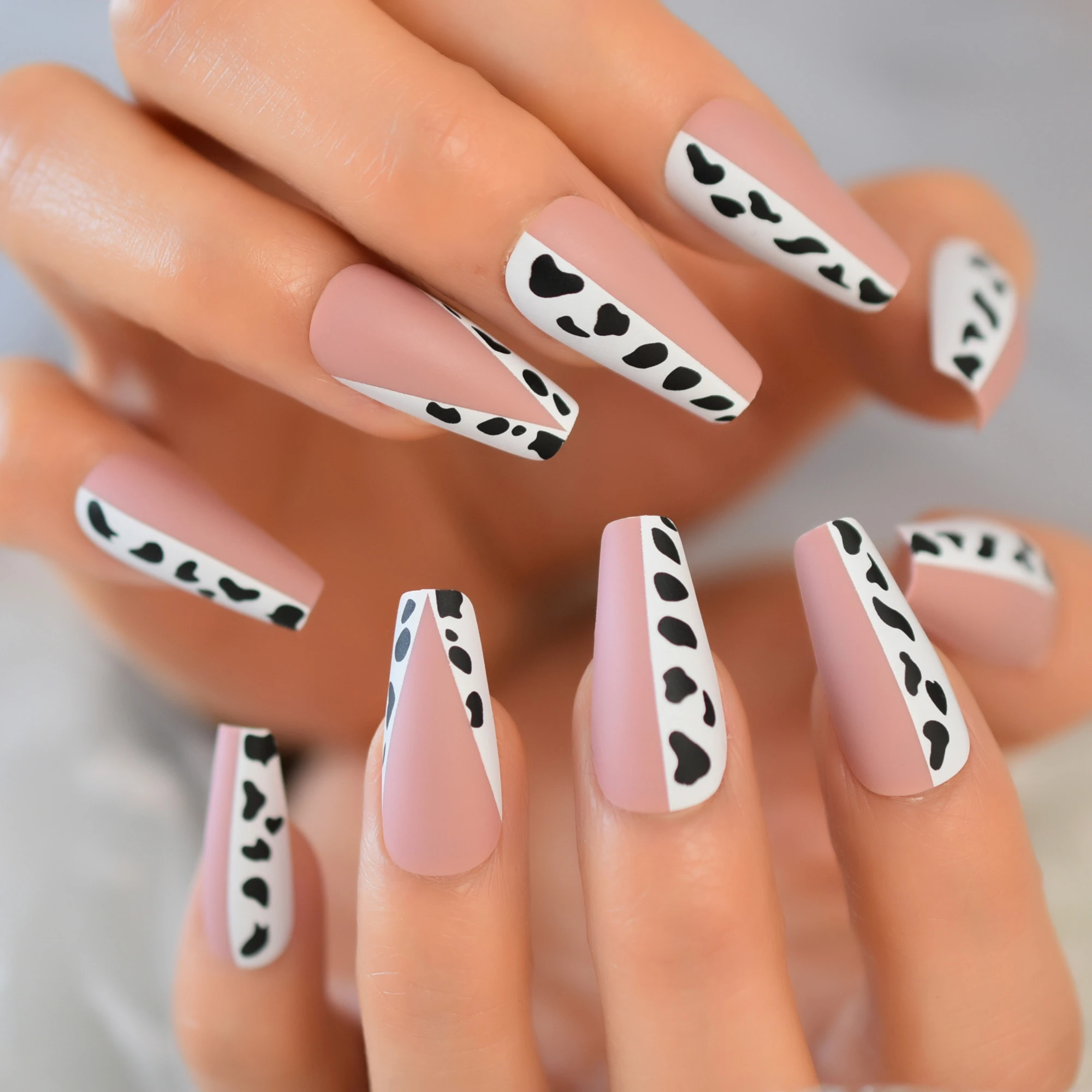Samme Vandre mælk Spotty Dalmatian Tips For Nails Extension Long Fake Ballerina Gel Nail Art  White Pink V Pattern Unhas Posticas French|False Nails| - AliExpress
