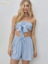

Clacive Sexy Lace-Up Crop Top Two Piece Sets Womens Outifits Summer High Waisted Shorts Set Elegant Slim Blue Suits With Shorts
