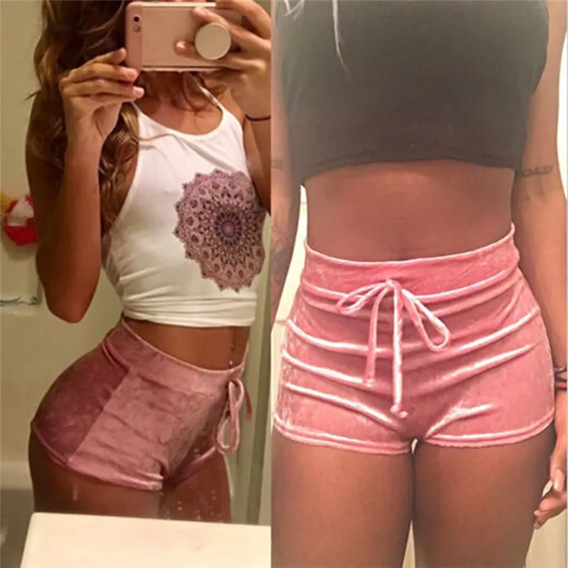 

Velvet Shorts Women Mini Short Solid Color Elastic High Waist Sheath Women's Shorts Soft Velvets Lace Up Sexy Hip Skinny 4 Color