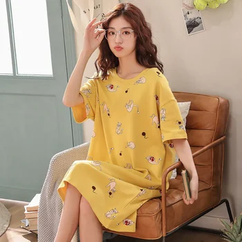 

Female Spring Summer Mid-skirt Home Clothes Sexy Dress Short-sleeved Nightclothes Sweet Sukienki Cartoon Plus Size Loose