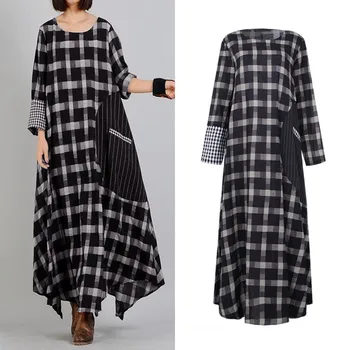 

Plus Size Women Check Patchwork Dress ZANZEA Vintage Plaid Sundress Spring Long Sleeve Maxi Vestidos Female Striped Shirt Robe