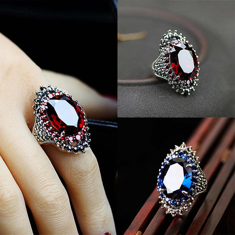 Male Female Oval Pomegranate Ring Red Blue Stone Couples Wedding Rings