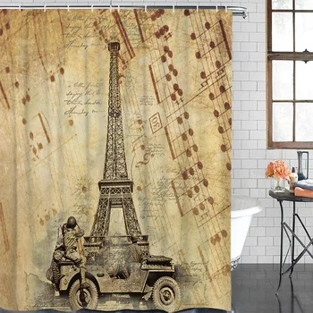 

Retro Paris Tower Musical Notes Waterproof Polyester Fabric Shower Curtain Home Decoration Bathroom Shower Curtain with hook