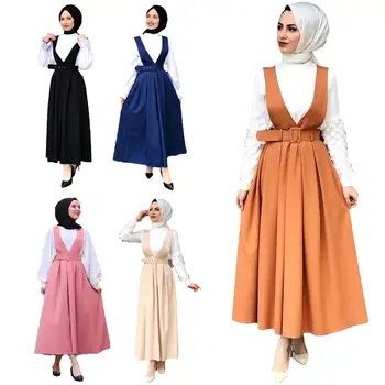 

Muslim Women Long Suspender Skirt High Waist Pleated Belt Swing Dresses Overalls Islamic Arab Plain Loose Skirts With Belt New