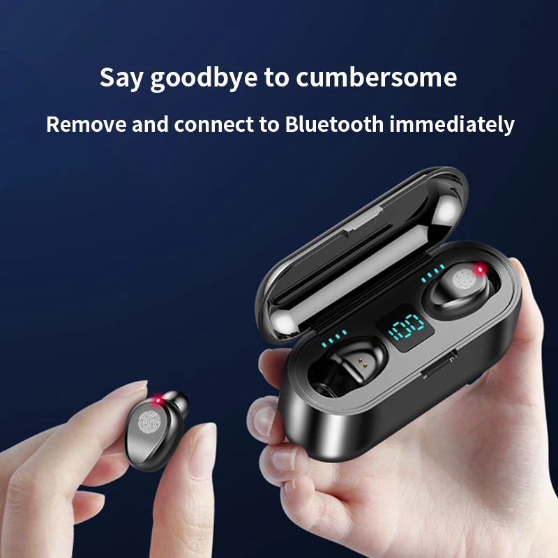 F9 Bluetooth 5.0 Earphone 8D Stereo Bass Wireless Earbuds LED Display With 2000mAh Power Bank For Smart phones