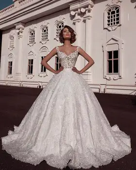 

Robe de Mariee Elegant Spaghetti Straps Sleeveless Bridal Gowns Lace Applique Ball Gown Wedding Dresses