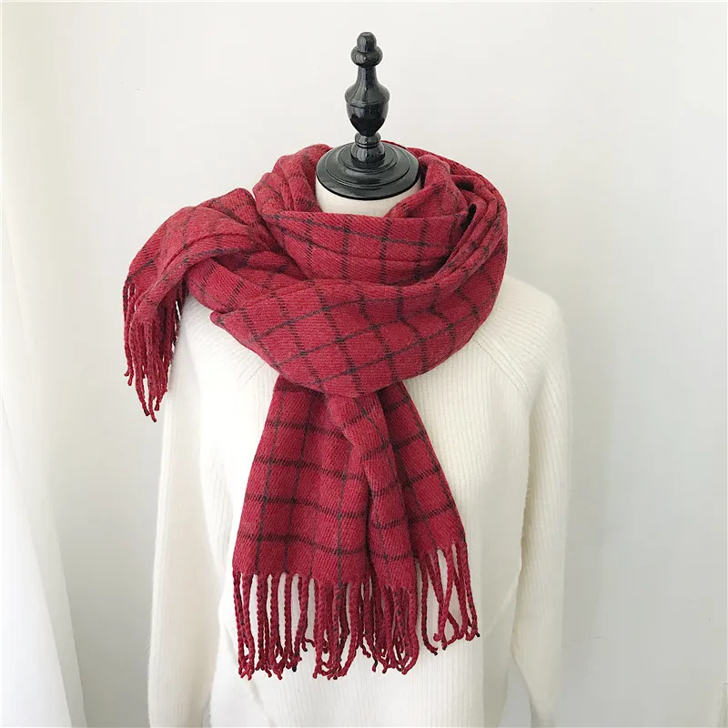 Winter Cashmere Scarves With Tassel Thick Warm Poncho Wool Plaid Print Neck Scarf For Women Fashion Shawls and Wraps Ladies - Цвет: Red
