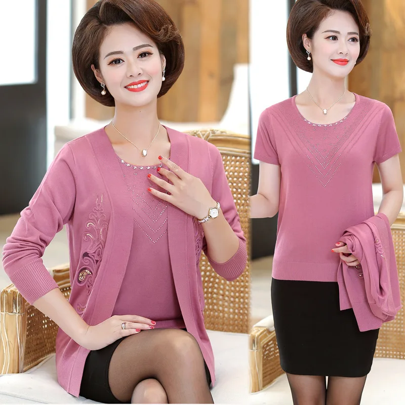 

Mom Spring And Autumn Short Two-Piece Set Base Shirt 40-Year-Old 50 Middle-aged Women's Western Style Tops Thin Sweater