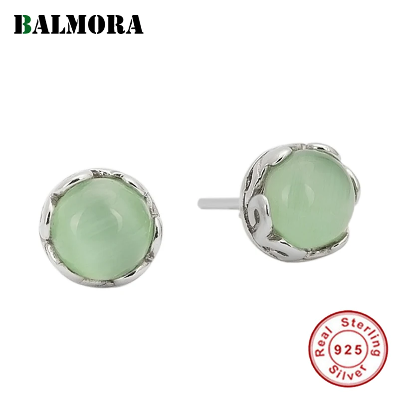 

BALMORA Real 925 Sterling Silver Vintage Synthetic Green Opal Stud Earrings for Women Girls Gift Simple Elegant Fashion Jewelry