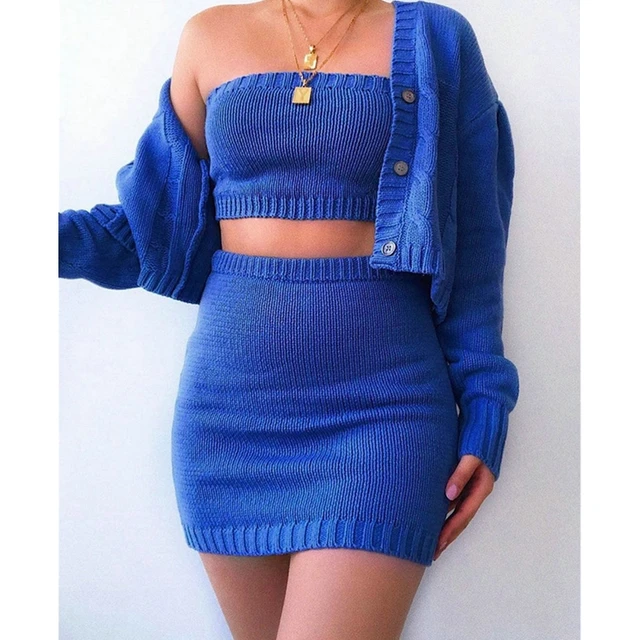 US $13.41 3Pcs Women Sexy Knitted Outfits Autumn Winter Solid Tube Crop Top + Mini Skirt + Long Sleeve Cardig