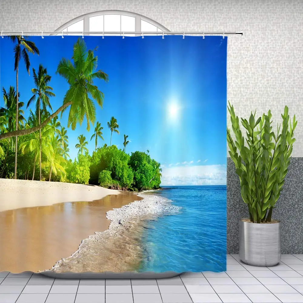 

Ocean Scenery Shower Curtain Beach Sea Wave Green Plant Coconut Tree Blue Sky Seawater Sunshine Holiday Bathroom Decor