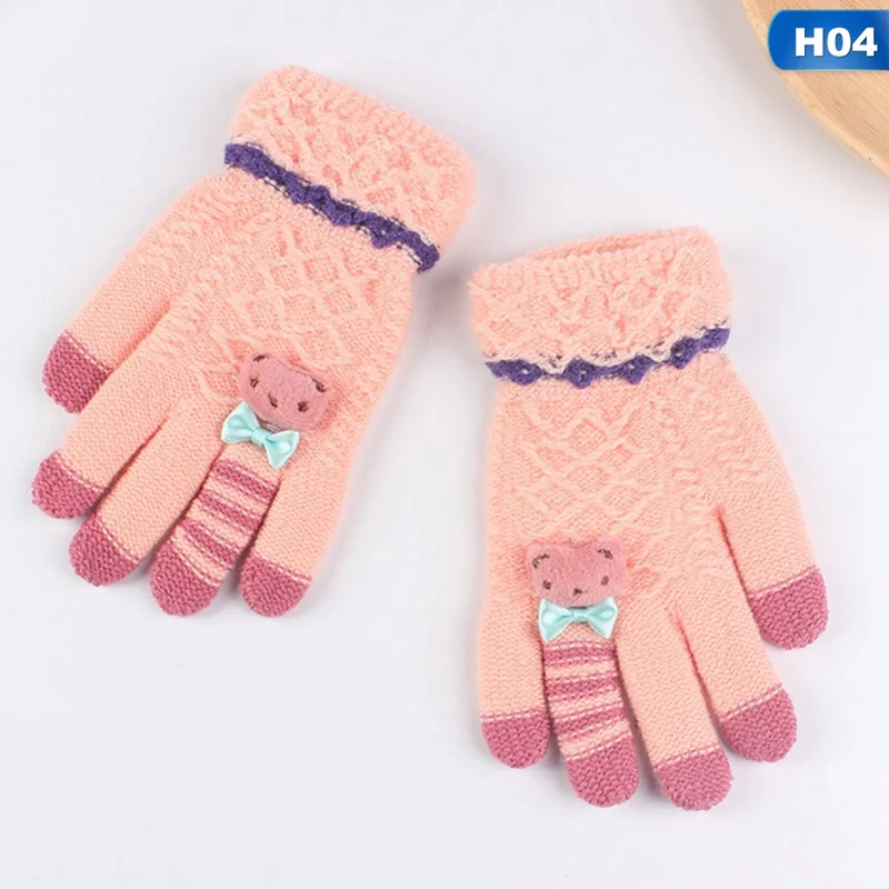 Зимние Детские перчатки, теплые вязаные перчатки, толстые варежки с рисунком медведя и бантиком для детей 4-8 лет - Цвет: H04