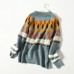 1533 пряжа из перьев, жаккард, этнический стиль, Ромб, контрастный цвет, свободный крой, пуловер, вязаная рубашка, свитер