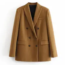 Женский шикарный кофейный блейзер с карманами, двубортный, с длинным рукавом, офисная одежда, пальто, однотонная женская повседневная верхняя одежда, топы T622