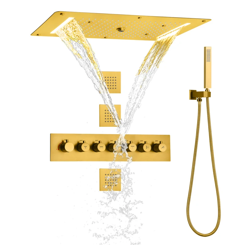 

Brushed Gold Shower Mixer Set 70x38 Cm LED Thermostatic Bathroom Multi Function Rainfall Concealed Shower System