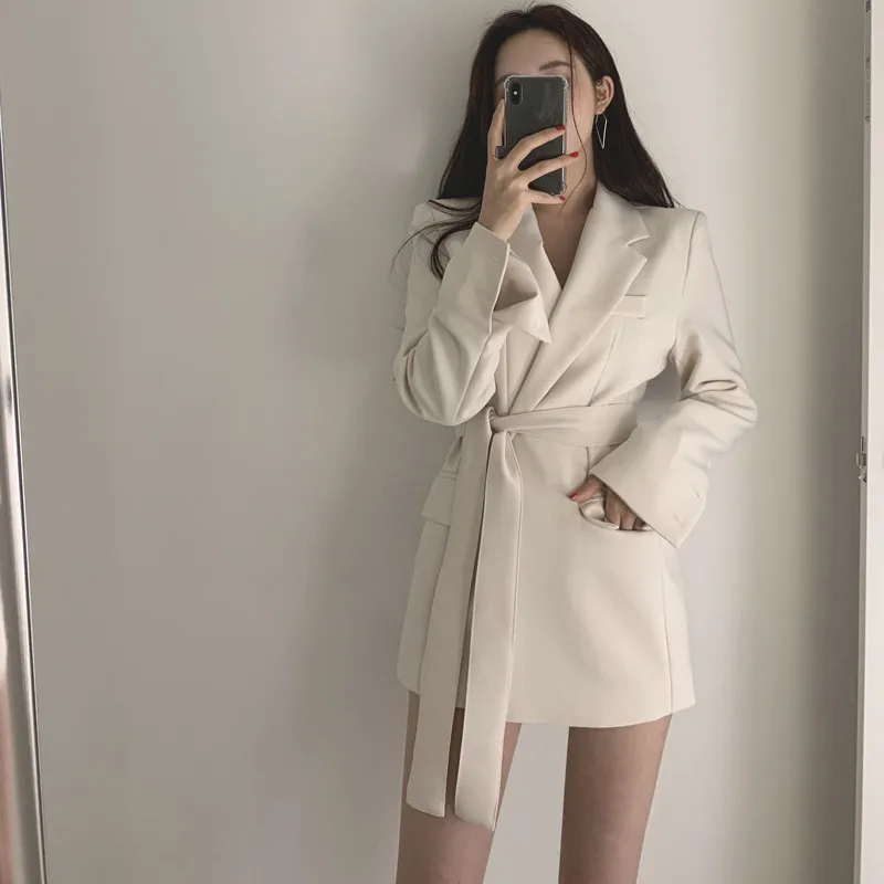 

Women Retro Turn-Down Collar Long Sleeve Long Coat Blazers Autumn Bandage Sashes High Waist Slim Blazer Casual Solid Suit