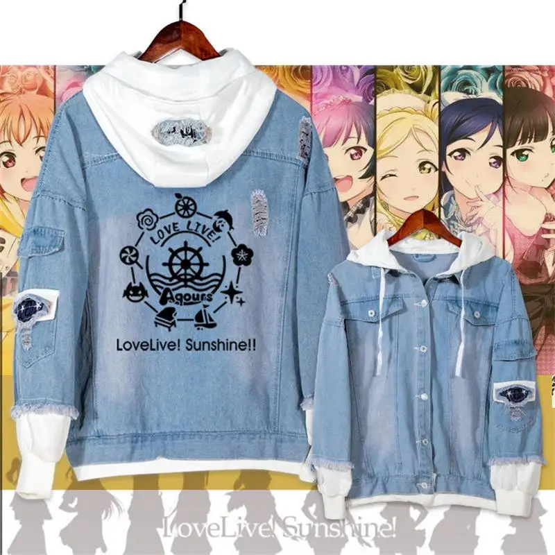 LoveLive! школьный идол Проект Косплей поддельные два предмета джинсовая куртка Толстовка Топы джинсовая куртка с капюшоном Пальто Толстовка Осенняя верхняя одежда унисекс
