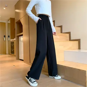 S 4XL Pants Women Elegant Lady Draped High Waist Mopping Pleated Button Ulzzang OL Simplicity
