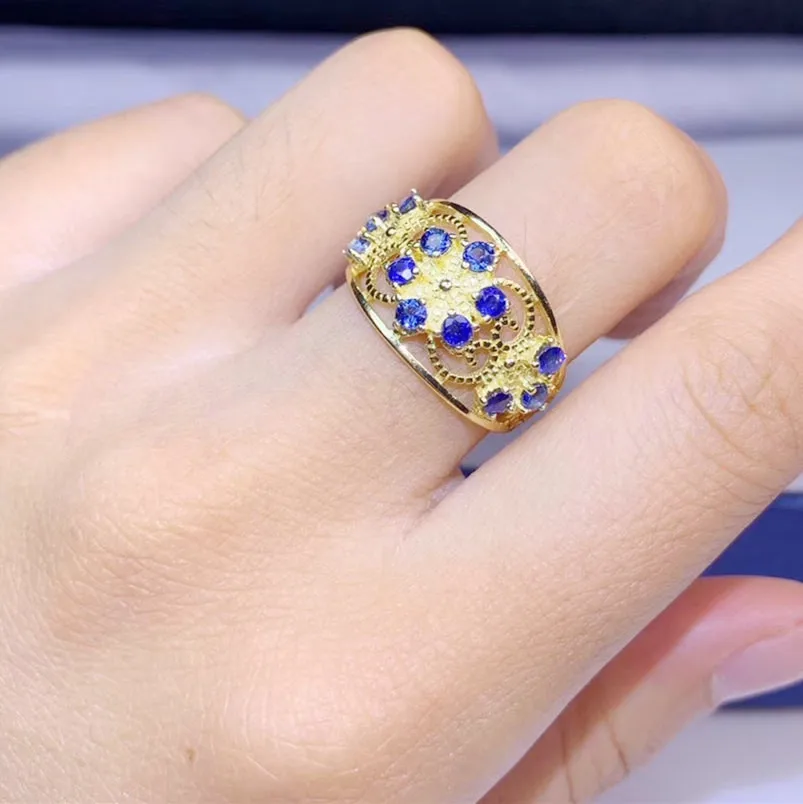 Натуральный голубой сапфир, кольцо в стиле flowe,, серебро 925 пробы, 0.15ct* 12 шт, драгоценный камень, ювелирные украшения# S981805