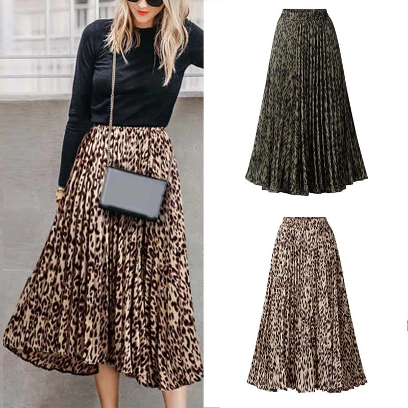 Women Elastic Waist Skirt A-line Loose Leopard Print Casual Pleated Vintage Evening Party Cocktail Midi Skirts