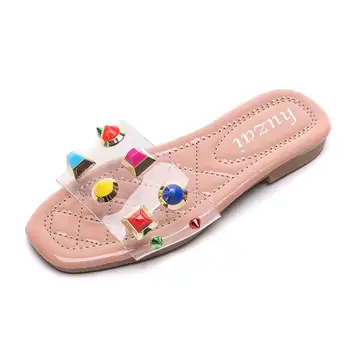 

Four Seasons girls slippers baby beach shoes kids fashion slippers children home shoes pu rivet pearl 3 to 14 yrs