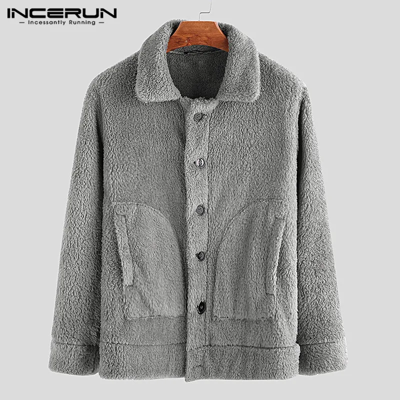 Зимние Для Мужчин флисовые куртки и пальто с длинным рукавом уличной моды пышная одежда на пуговицах и с карманами пальто плюшевые Для мужчин верхняя одежда INCERUN