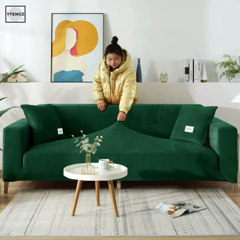 Solid color Thick Velvet Sofa Covers for living Room Warm Sofa Towel Green Slip-resistant Sofa Cover Strech Sofa Slipcover 2