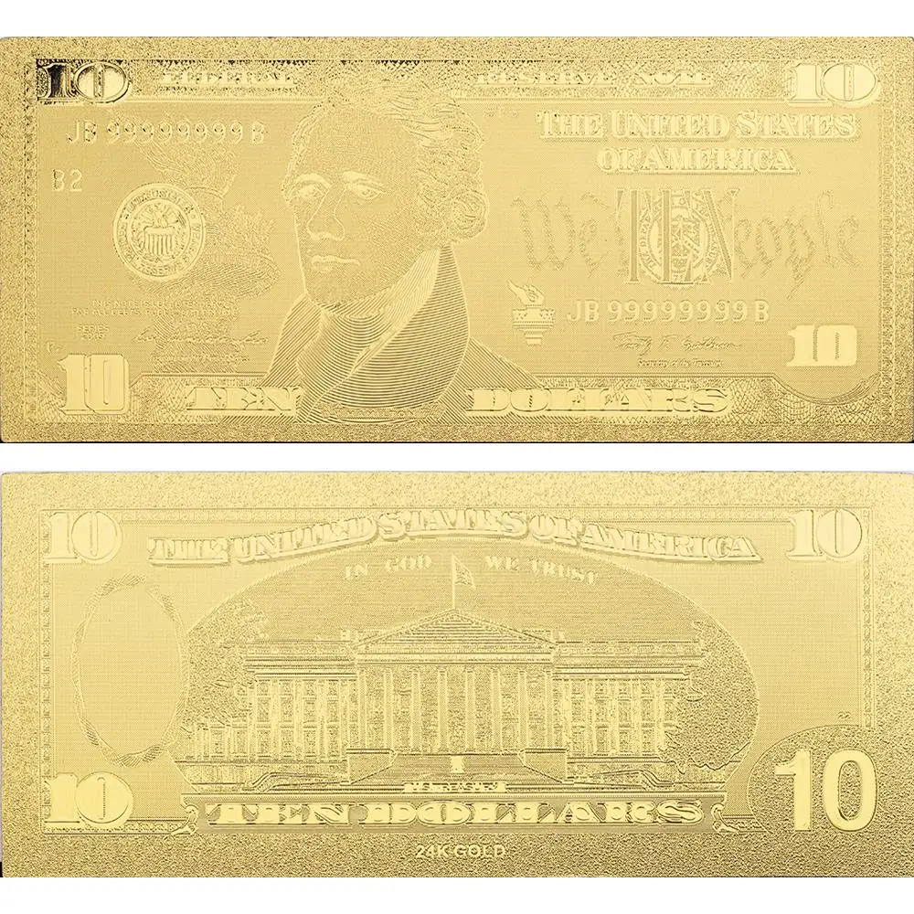 10 Dollar Color 24k Gold Foil Banknote US 10 Commemorative Plastic Card 5pcs 