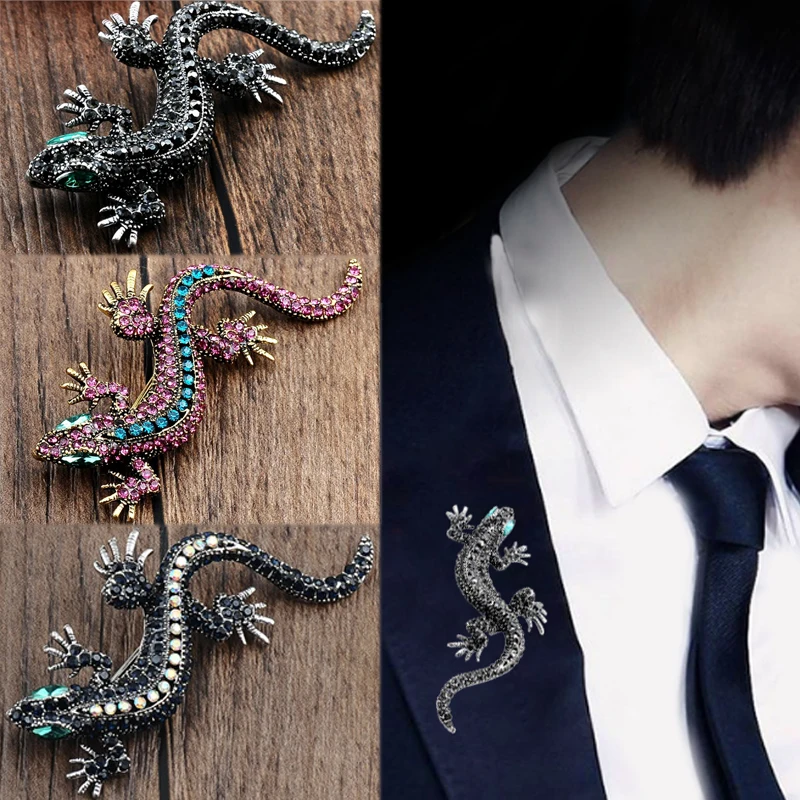 

Fashion Men Pins Rhinestones Lizard Animal Jewelry Business Suit Shirt Sweater Enamel Crystal Brooch Valentines Gift 1PC