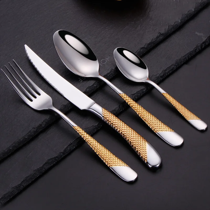 Knife Cutlery-Set Spoon Dinnerware-Fork Kitchen Tableware Western Stainless-Steel Gold