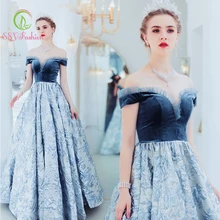 SSYfashion с вырезом «лодочка со спущенными плечами завязки сзади пол Длина велюр длинное синее вечернее платье для вечеринки, официального приема Vestido De Noche