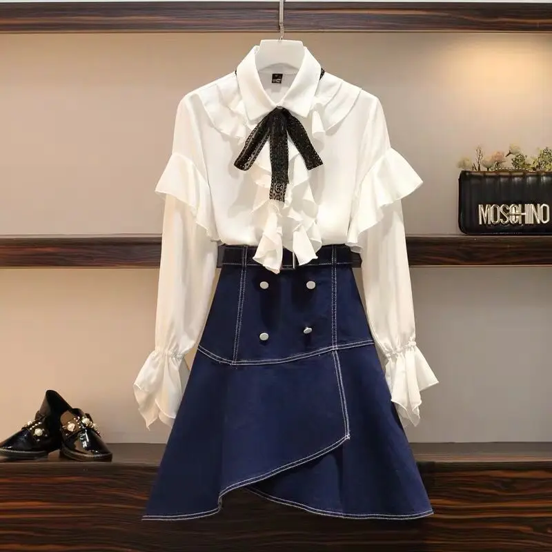 Womens skirt and shirt set 2019 New fashion women outfits shirt + Irregular Sashes high waist denim skirt two piece skirt set Womens skirt and shirt set 2019 New fashion women outfits shirt + Irregular Sashes high waist denim skirt two piece skirt set