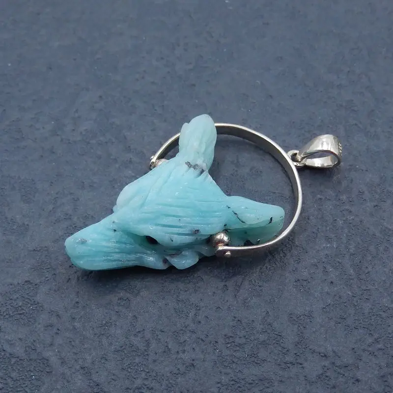 Natural Amazonite Handmade Animal Wolf Head With Silver Buckle Pendant For Men Blessing Modish Ornament Best Gifts 30x21x10mm 6g