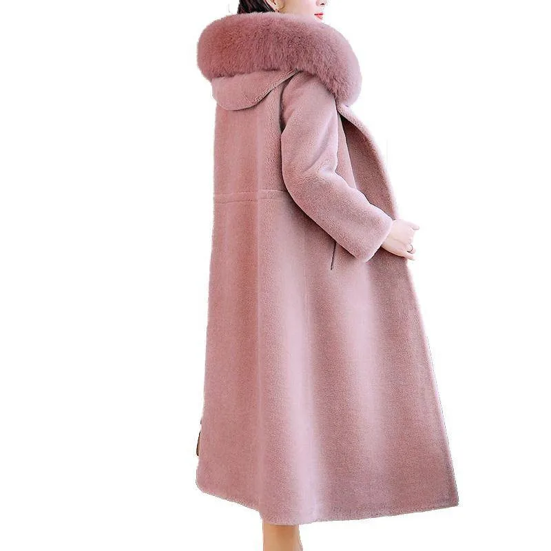 New Arrival Winter Women Vintage Coats Natural Sheep Shearing Fur Overcoats Female Real Fox Fur Collar Hooded Jackets A43