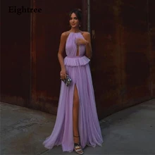 Fshion 2022 Purple Long High Side Slit Prom Dresses Sleeveless O Neck Tulle Evening Dress Formal Party Gowns Vestidos de festa