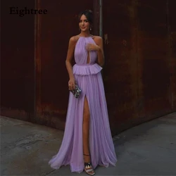 Fshion 2022 Purple Long High Side Slit Prom Dresses Sleeveless O Neck Tulle Evening Dress Formal Party Gowns Vestidos de festa
