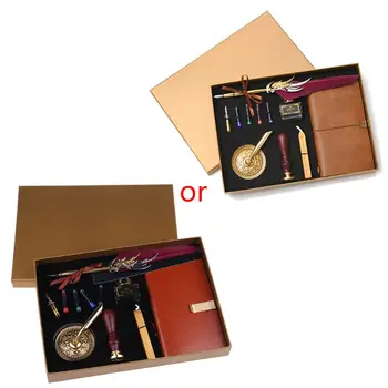 

Retro Vintage Calligraphy Feather Fountain Pen Writing Ink Leather Notebook Set