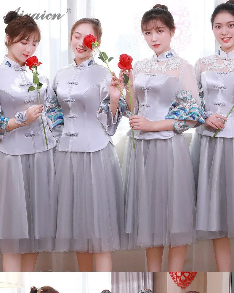 Китайское традиционное платье Cheongsam голубое платье подружки невесты Qi Pao женское платье в восточном стиле Пряжа платья Qipao Акция короткая юбка