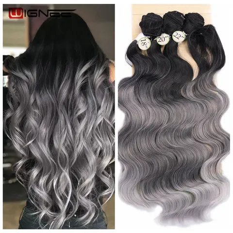 Wignee 3 Bundles With Closure Synthetic Hair Extensions For Women Natural Black Hair To Grey/Purple/Green/Blue Wavy Hair Piece