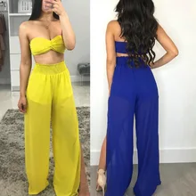 feecolor 2pcs Nightclub sexy open back wrapped chest top + see-through split mesh gauze wide leg straight trousers feecolor 2pcs Nightclub sexy open back wrapped chest top + see-through split mesh gauze wide leg straight trousers