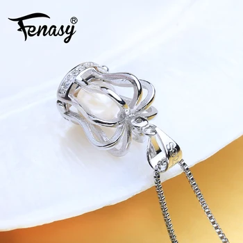 

FENASY Genuine Natural Freshwater Pearl Necklace For Women Fashion 925 Sterling Silver Crown Cage Pendant With White Round Pearl
