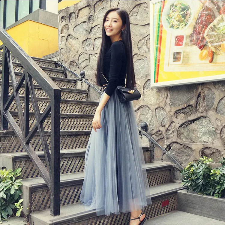 

Spring And Summer New Style Black Mesh Skirt Mid-length Women's Sweet High-waisted A- line Skirt Tutu Medium-length Dress