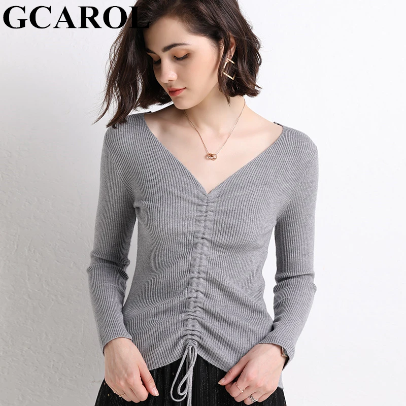 GCAROL New Fall Winter Women Sweater V Neck 30% Wool Drawstring Design Sexy Slim Jumper OL Elegant Render Knitted Pullover | Женская